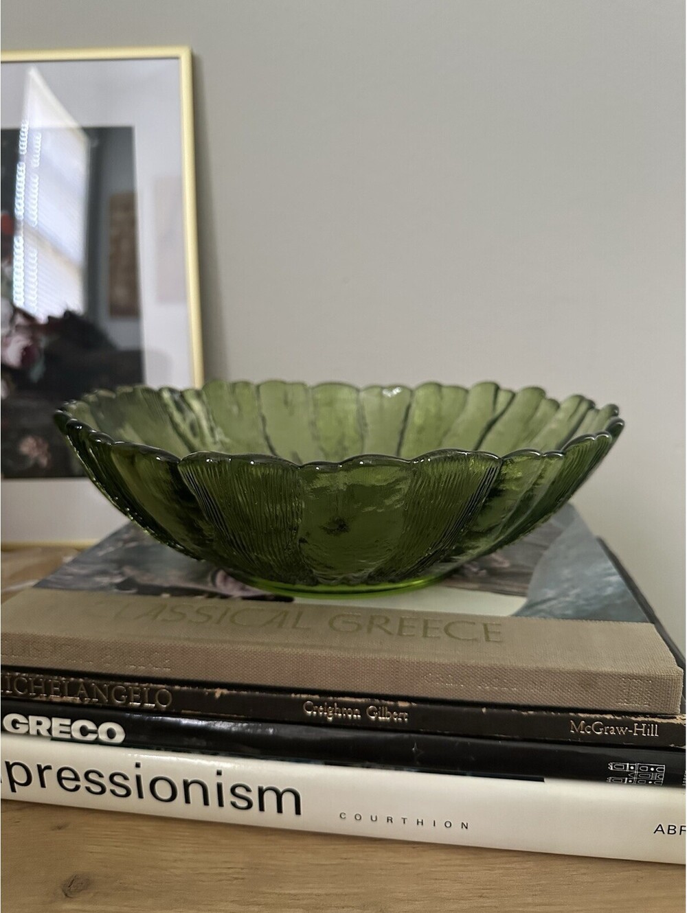 60's Anchor Hocking Country Estate Avocado Green Daisy Pattern 10"x10"x3"